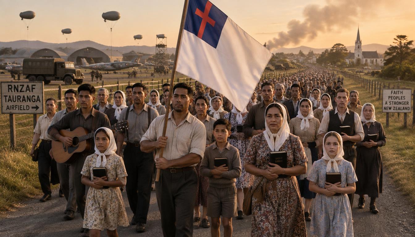 New Zealand Christians — Māori and European — marching together with Bibles and a Christian flag, wartime airfield behind them